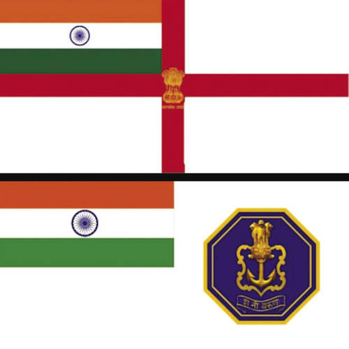 Indian Navy’s new ensign (below) was released at the commissioning, replacing the old one (above)